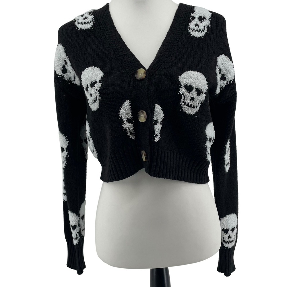 Skull Cardigan Women Small Black‎ White Cropped Sweater Goth Emo Y2K Alt Grunge